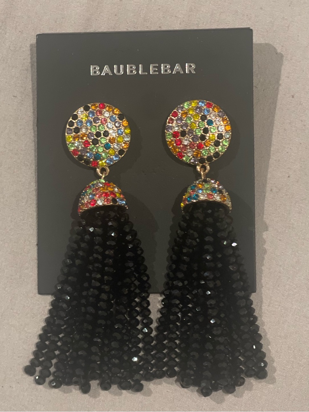 BaubleBar Black Tassel Earrings with Multicolor Crystal Tops